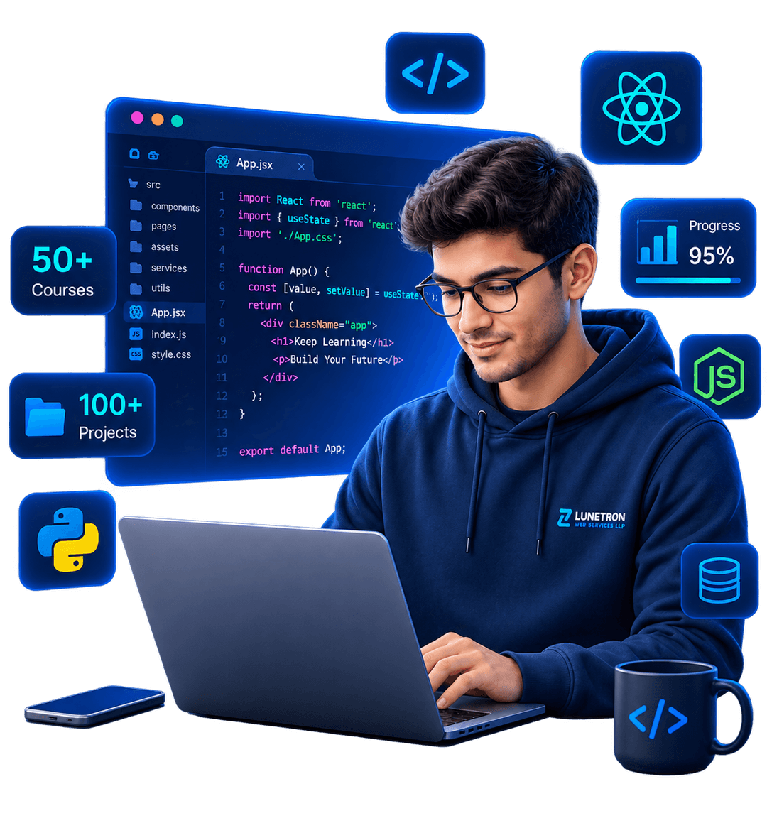 Student learning to code on Lunetron Upskill